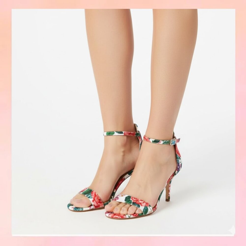 Floral Printed Heel Sandal White Pink Women’s Size 9